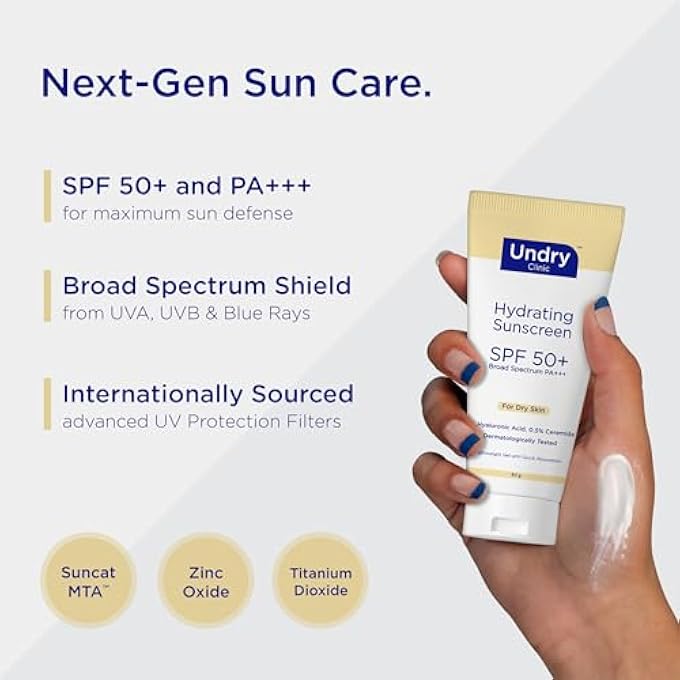 Undry واقي شمس مرطب SPF 50+ PA+++ | جل خفيف الوزن مع 1% حمض الهيالورونيك و 0.5% سيراميد | حماية واسعة الطيف للبشرة الجافة | مختبر جلدياً | عبوة من 2 (50 جرام لكل منهما) - Image 3